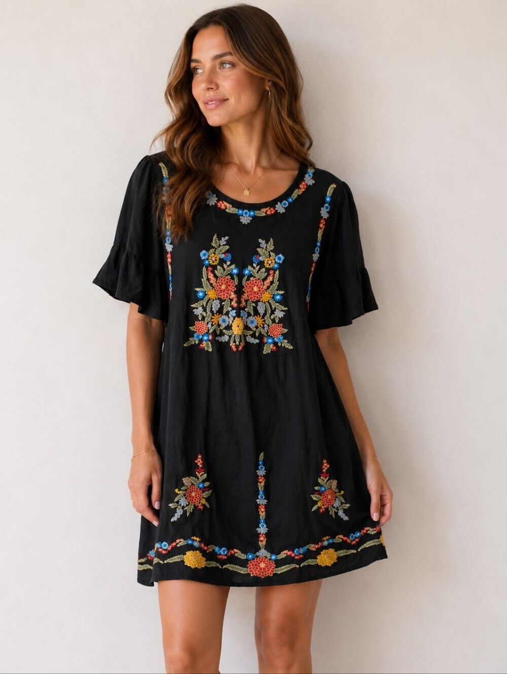 Entro Dress Black Short Embroidered Floral Mini Dress Size Medium